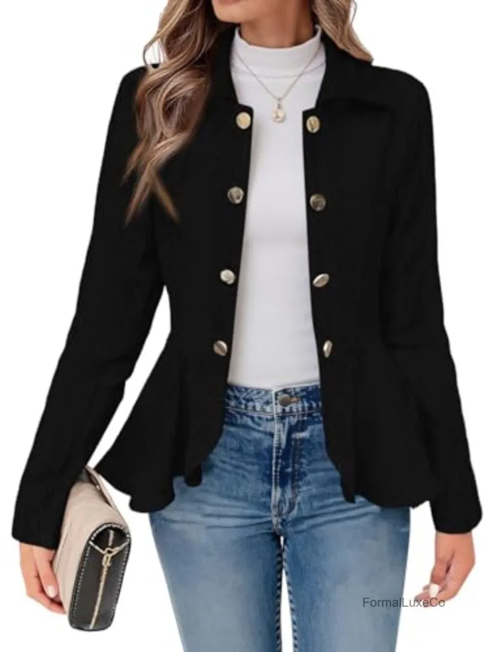Elegant Women Peplum Blazer Herringbone Open Front Business Office Work Jacket
